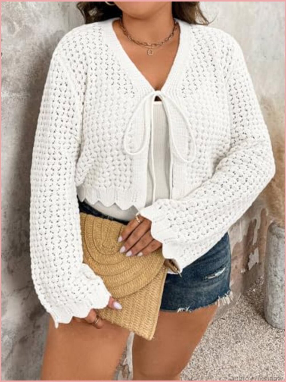 Plus Size Tie Front Cardigan Hollow Out Bell Long Sleeve Crop Knit Top Shrug - Picture 3 of 5